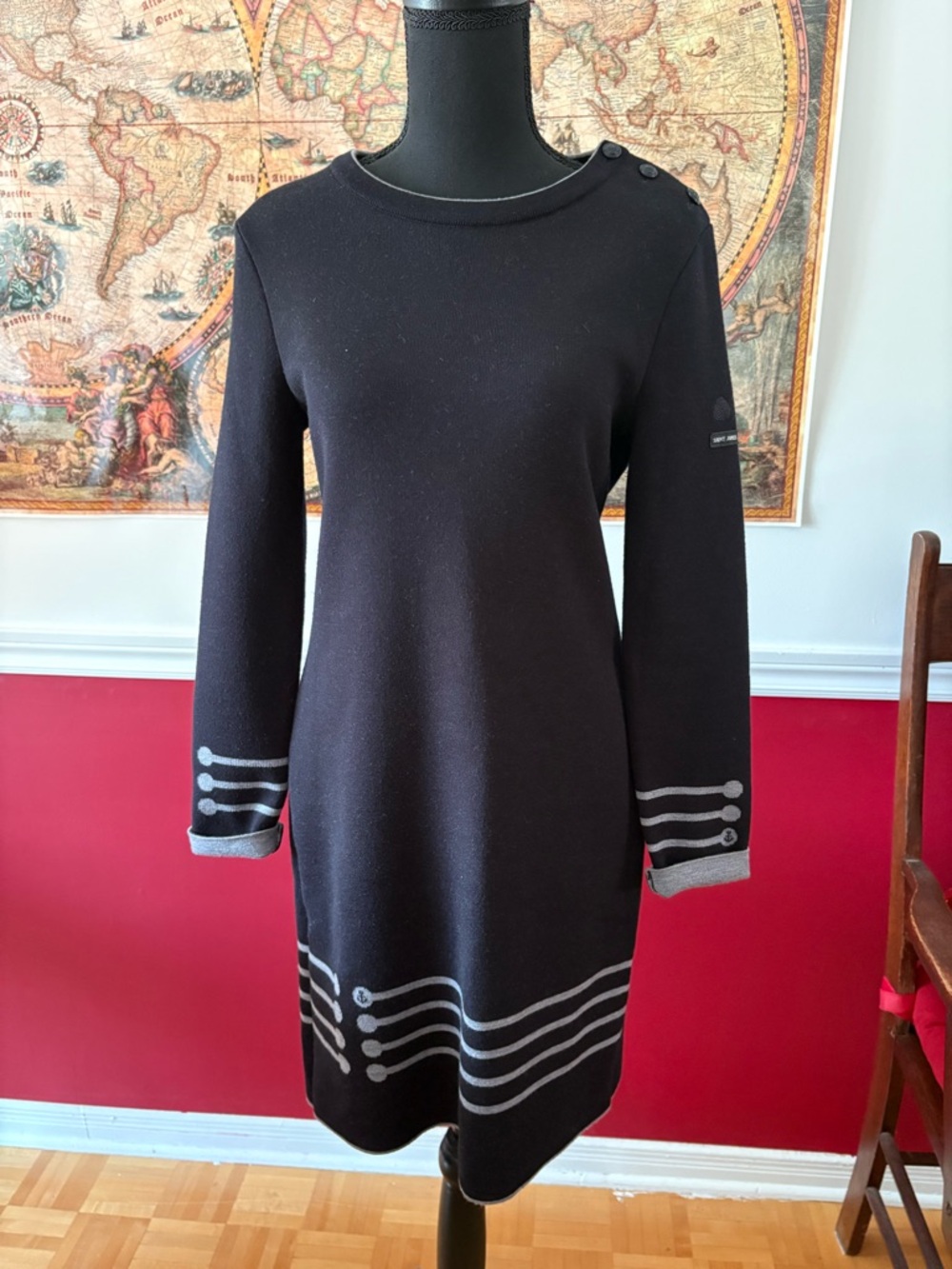 Saint James Navy Knit Long-Sleeve Dress with Gray Stripe Accents